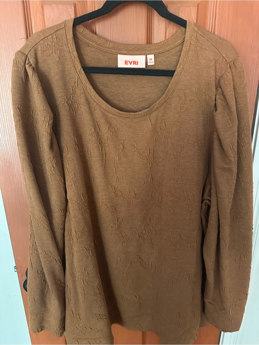 EVRI Scoop Neck Long Sleeve Top in Camel Brown